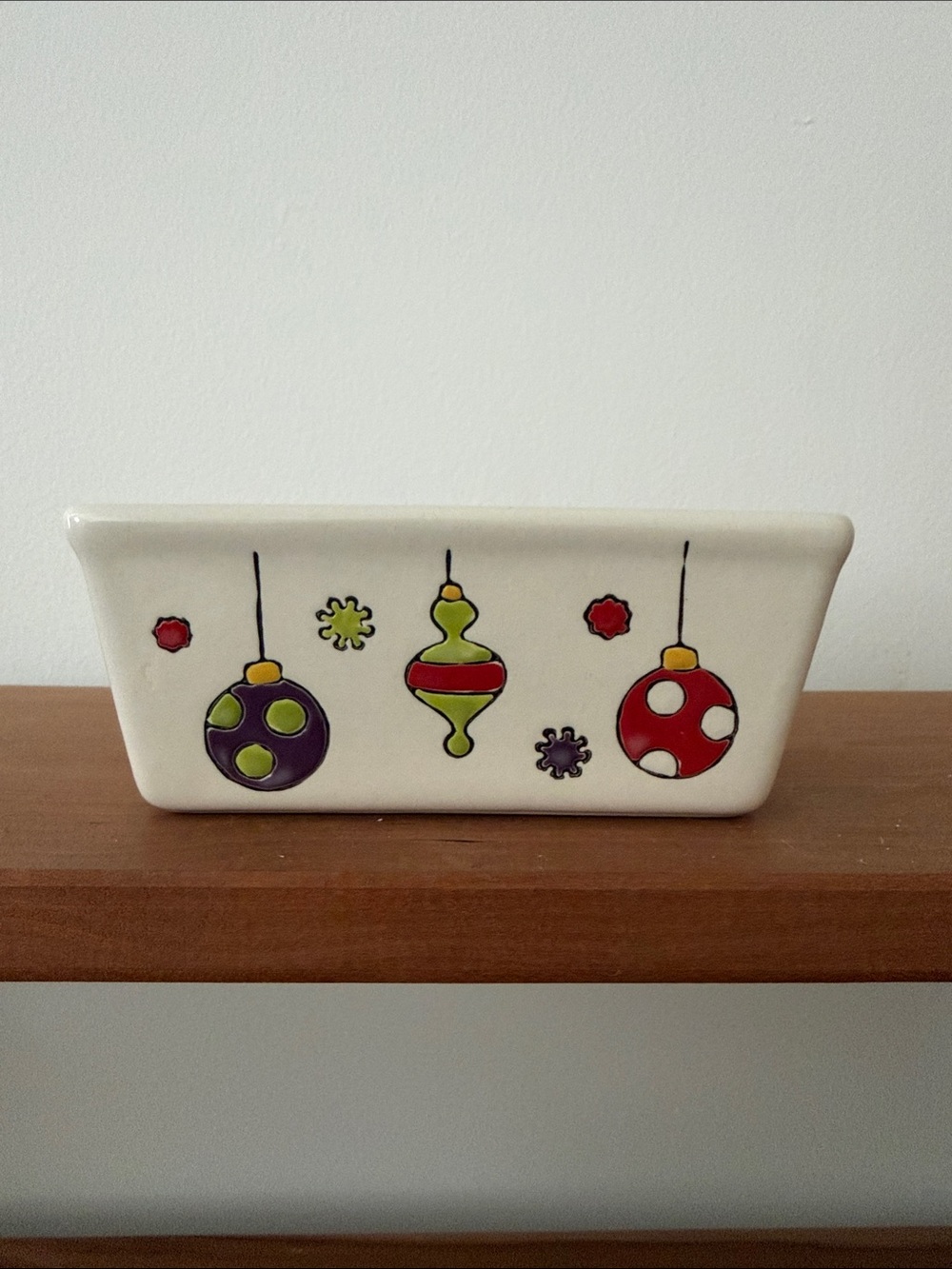 Festive Ceramic Holiday Planter with Red, Green & Purple Ornament Motif